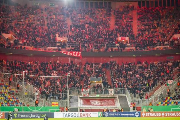 Germany Soccer DFB Pokal 2025 26, 2 Round Fortuna Düsseldorf vs SC Freiburg Merkur Spiel Arena Düsseldorf Freiburger Gästeblock Düsseldorf North Rhine-Westphalia Germany Copyright: xJOERANxSTEINSIEKx