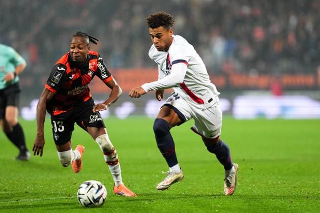 FC Lorient v Paris Saint-Germain - Ligue 1 McDonald s 2025 2026 93 Joel MVUKA (fcl) - 14 Desire DOUE (psg) during the Ligue 1 McDonald s match between Lorient and Paris at Stade du Moustoir on October 29, 2025 in Lorient, France. ( Lorient France  Copyright: xFEPx 776348176