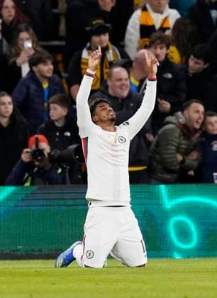 Wolverhampton, England, 29th October 2025. Andrey Santos of Chelsea ( 17) celebrates scoring the first goal during the Wolverhampton Wanderers vs Chelsea Carabao Cup match at Molineux, Wolverhampton. Picture credit should read: Andrew Yates Sportimage EDITORIAL USE ONLY. No use with unauthorised audio, video, data, fixture lists, club league logos or live services. Online in-match use limited to 120 images, no video emulation. No use in betting, games or single club league player publications. SPI_005_AY_Wolves_Chelsea SPI-4247-0005