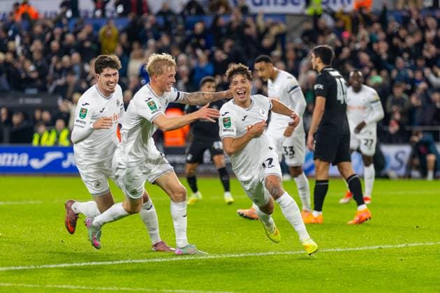Swansea City v Manchester City EFL Cup 29 10 2025. GOAL 1-0 Swansea City FC s midfielder Goncalo Franco (17) scores his side s first goal during the EFL Cup match between Swansea City and Manchester City at the Swansea.com Stadium, Swansea, Wales on 29 October 2025. Swansea Swansea.com Stadium West Glamorgan Wales Editorial use only DataCo restrictions apply See www.football-dataco.com , Copyright: xDanxMintox PSI-23130-0005