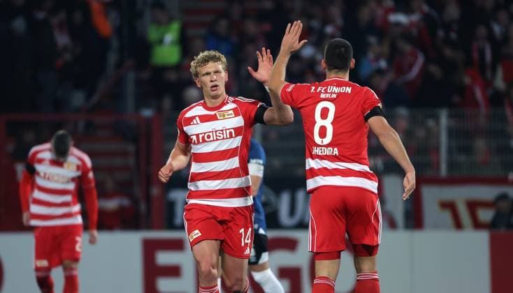 Leopold Querfeld cheers after 1 0 with Rani Khedira Joy Emotion Jubilation Sport Soccer Football DFB Pokal 2 Round Men Season 2025 2026 29 10 2025 1 FC Union Berlin FCU vs DSC Arminia Bielefeld DFL regulations prohibit any use of photographs as image sequences and or quasi video