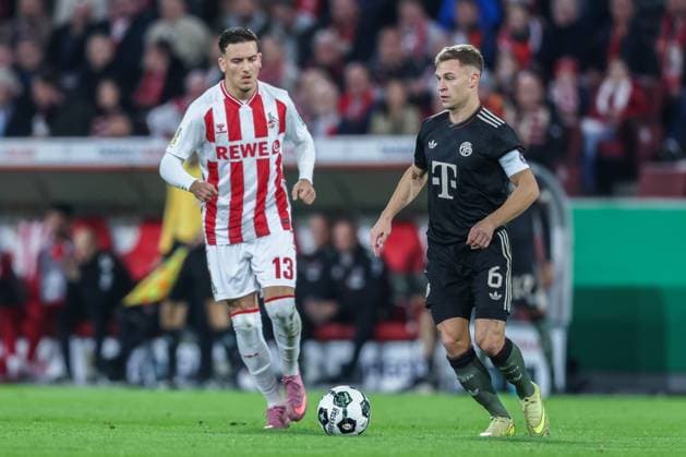 Soccer DFB Pokal 2 Round 1 FC Köln FC Bayern München on 29 10 2025 at RheinEnergieStadion in Cologne Said El Mala Köln , left Joshua Kimmich München , right DFB regulations prohibit any use of photographs as image sequences and or quasi video xJRx