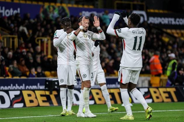 Chelsea celebrate after Tyrique George (32 Chelsea) scores the second goal during the Carabao Cup football match between Wolverhampton Wanderers and Chelsea at Molineux stadium in Wolverhampton, England Copyright: xNataliexMincher SPPx Sportspressphoto_SPR53040