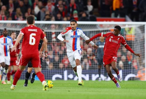 Maxence Lacroix of Crystal Palace and Trey Nyoni of Liverpool Liverpool v Crystal Palace, EFL Carabao Cup, Fourth Round, Football, Anfield, Liverpool, UK - 29 Oct 2025Liverpool Anfield United Kingdom EDITORIAL USE ONLY No use with unauthorised audio, video, data, fixture lists, club league logos or live services. Online in-match use limited to 120 images, no video emulation. No use in betting, games or single club league player publications. Copyright: xMattxWest Shutterstockx 15627839y
