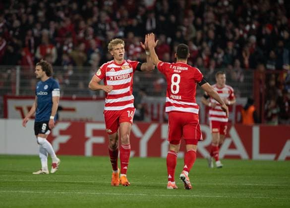 Soccer, Men, Season 2025 2026, DFB Pokal 2 Round , 1 FC Union Berlin Arminia Bielefeld, f l Leopold Querfeld 1 FC Union Berlin , Rani Khedira 1 FC Union Berlin , Celebration after goal to 1 0, 29 10 2025, Copyright: xMatthiasxKochx