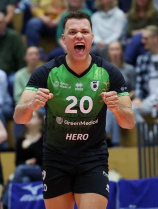 BAU 29 10 2025 Ludwigsburg Volleyball Barock Volleys MTV Ludwigsburg vs ASV Dachau, Jeffrey Klok LB cheers and clenches his fist