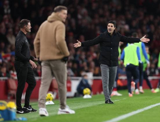 London, England, 29th October 2025. Mikel Arteta manager of Arsenal reacts towards the fourth official during the Arsenal vs Brighton and Hove Albion Carabao Cup match at the Emirates Stadium, London. Picture credit should read: David Klein Sportimage EDITORIAL USE ONLY. No use with unauthorised audio, video, data, fixture lists, club league logos or live services. Online in-match use limited to 120 images, no video emulation. No use in betting, games or single club league player publications. SPI_006_DK_Arsenal_Brighton SPI-4249-0008