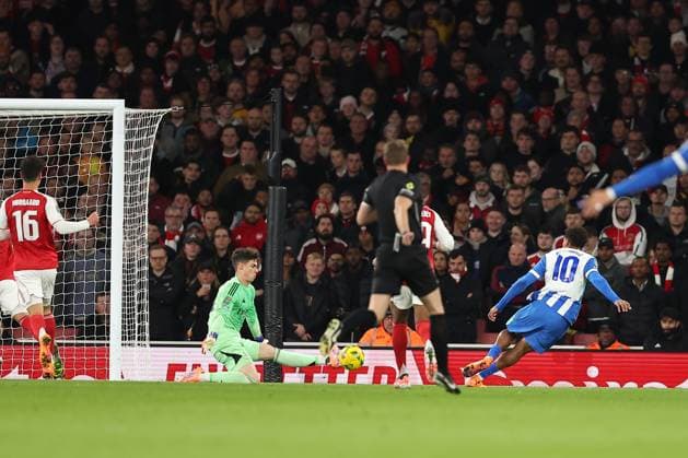 29th October 2025; Emirates Stadium, London, England; EFL Carabao Cup Football, Arsenal versus Brighton and Hove Albion; Georginio Rutter of Brighton &amp; Hove Albion shoots with the shot saved by goalkeeper Kepa Arrizabalaga of Arsenal  KatiexChan