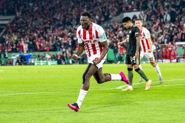 29 10 2025, Football DFB Pokal, Season 2025 2026, 2 Round, 1 FC Koeln vs FC Bayern Muenchen at RheinEnergie Stadion in Koeln Ragnar Ache 1 FC Koeln, 09 celebrates his goal for 1 0 Important note According to the regulations of the DFL German Football League and the DFB German Football Association, it is prohibited, to utilize or have utilized photographs taken in the stadium and or of the match in the form of sequential images and or video-like photo series Foto Kirchner Media Thomas Haesler Copyright: xKirchner-Media ThomasxHaeslerx