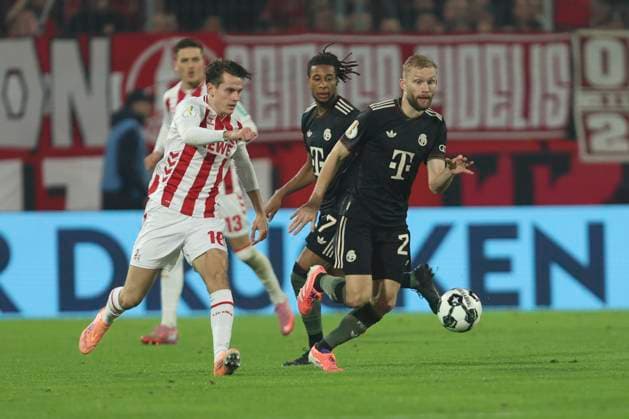 Jakub Kaminski (1. FC Koeln) und Konrad Laimer (FC Bayern München) im Zweikampf waehrend des DFB-Pokal Spiels 1.FC Köln v FC Bayern München, RheinEnergieStadion am 29. October 2025 in Köln, Deutschland. (Foto von Oliver Kaelke DeFodi Images) +++ Jakub Kaminski (1. FC Koeln) und Konrad Laimer (FC Bayern München) battle for the ball during the DFB-Pokal match between 1.FC Köln v FC Bayern München at RheinEnergieStadion on October 29, 2025 in Cologne, Germany. (Photo by Oliver Kaelke DeFodi Images) (Photo by Oliver Kaelke DeFodi Images) Jakub Kaminski 1 FC Koeln and Konrad Laimer FC Bayern München in a duel during the DFB Pokal match 1 FC Köln v FC Bayern München, RheinEnergieStadion on October 29, 2025 in Cologne, Germany Photo by Oliver Kaelke DeFodi Images Jakub Kaminski 1 FC Köln and Konrad Laimer FC Bayern München battle for the ball during the DFB Pokal match between 1 FC Köln v FC Bayern München at RheinEnergieStadion on October 29, 2025 in Cologne, Germany Photo by Oliver Kaelke DeFodi Images Photo by Oliver Kaelke DeFodi Images