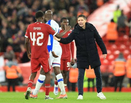Liverpool, England, 29th October 2025. Oliver Glasner manager of Crystal Palace (r) consoles Trey Nyoni of Liverpool (l) during the Liverpool vs Crystal Palace Carabao Cup match at Anfield, Liverpool. Picture credit should read: Jessica Hornby Sportimage EDITORIAL USE ONLY. No use with unauthorised audio, video, data, fixture lists, club league logos or live services. Online in-match use limited to 120 images, no video emulation. No use in betting, games or single club league player publications. SPI_025_JH_Liverpool_Crystal_Palace SPI-4246-0028