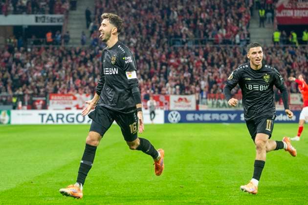 GER, Mainz, Soccer, DFB Cup, 2nd main round, FSV Mainz 05 vs VFB Stuttgart in the picture from l Atakan Karazor VFB Stuttgart 16 , Bilal El Khannouss VFB Stuttgart 11 , Goal celebration 29 10 2025, MEWA Arena Mainz DFB REGULATIONS PROHIBIT ANY USE OF PHOTOGRAPHS AS IMAGE SEQUENCES AND OR QUASI VIDEO, Copyright: HMBxMedia PaulxFritz
