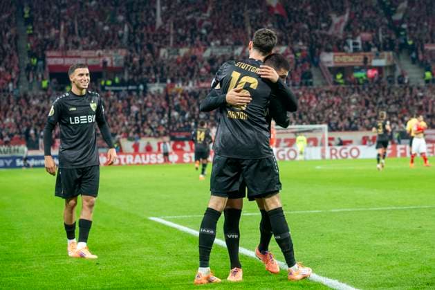 GER, Mainz, Soccer, DFB Cup, 2nd main round, FSV Mainz 05 vs VFB Stuttgart in the picture from l Bilal El Khannouss VFB Stuttgart 11 , Atakan Karazor VFB Stuttgart 16 , Deniz Undav VFB Stuttgart 26 , Goal celebration 29 10 2025, MEWA Arena Mainz DFB REGULATIONS PROHIBIT ANY USE OF PHOTOGRAPHS AS IMAGE SEQUENCES AND OR QUASI VIDEO, Copyright: HMBxMedia PaulxFritz