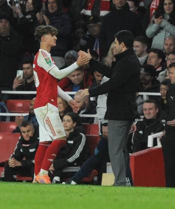Football - 2025 2026 EFL Carabao Cup - Round Four - Arsenal vs Brighton & Hove Albion - Emirates stadium - Wednesday 29th October 2025 Arsenal Manager Mikel Arteta congratulates Max Dowman as he comes off COLORSPORT Andrew Cowie 