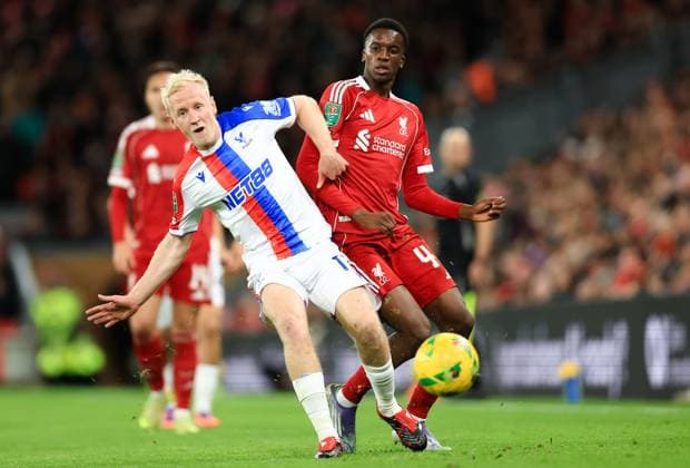 Liverpool, England, 29th October 2025. Will Hughes of Crystal Palace battles for possession with Trey Nyoni of Liverpool during the Liverpool vs Crystal Palace Carabao Cup match at Anfield, Liverpool. Picture credit should read: Jessica Hornby Sportimage EDITORIAL USE ONLY. No use with unauthorised audio, video, data, fixture lists, club league logos or live services. Online in-match use limited to 120 images, no video emulation. No use in betting, games or single club league player publications. SPI_033_JH_Liverpool_Crystal_Palace SPI-4246-0033