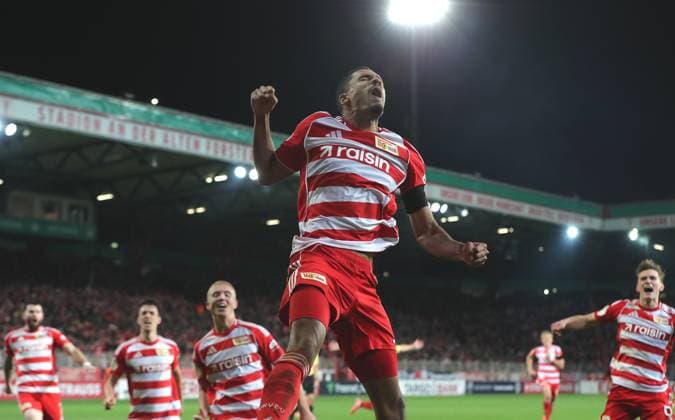 Danilho Doekhi cheers after 2 1 joy emotion jubilation sport soccer soccer DFB Pokal 2 round men season 2025 2026 29 10 2025 1 FC Union Berlin FCU vs DSC Arminia Bielefeld DFL regulations prohibit any use of photographs as image sequences and or quasi video