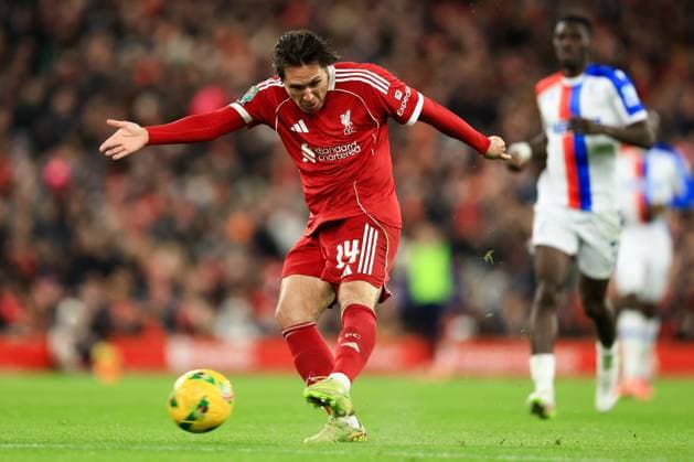 Liverpool, England, 29th October 2025. Federico Chiesa of Liverpool shoots during the Liverpool vs Crystal Palace Carabao Cup match at Anfield, Liverpool. Picture credit should read: Jessica Hornby Sportimage EDITORIAL USE ONLY. No use with unauthorised audio, video, data, fixture lists, club league logos or live services. Online in-match use limited to 120 images, no video emulation. No use in betting, games or single club league player publications. SPI_049_JH_Liverpool_Crystal_Palace SPI-4246-0049