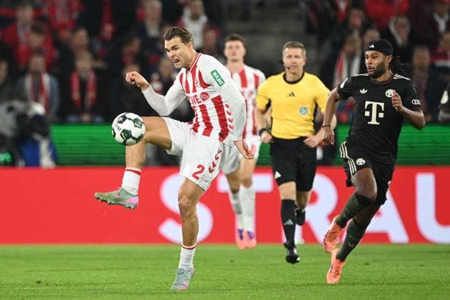 Joel SCHMIED K vs Serge GNABRY M Action, Duel, Soccer, DFB Pokal, 2 Hauptrunde, 1 FC Koeln FC Bayern Muenchen 1 4 am 29 10 2025 im Rhein Energie Stadion Koeln Deutschland DFL regulations prohibit any use of photographs as image sequences and or quasi video Â