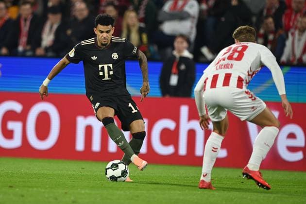 LUIS DIAZ M vs Sebastian SEBULONSEN K Action, Duel, Soccer, DFB Pokal, 2 Main Round, 1 FC Koeln FC Bayern Muenchen 1 4 on 29 10 2025 at Rhein Energie Stadion Koeln Germany DFL regulations prohibit any use of photographs as image sequences and or quasi video Â