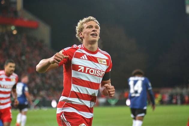Berlin, Germany, 29 10 2025 Stadion Alte Försterei DFB Pokal 2025 2026 Union Berlin Arminia Bielefeld Leopold Querfeld 14, Union Berlin celebrates after his goal in the 11th minute Copyright: xdtsxNachrichtenagenturx dts_91145