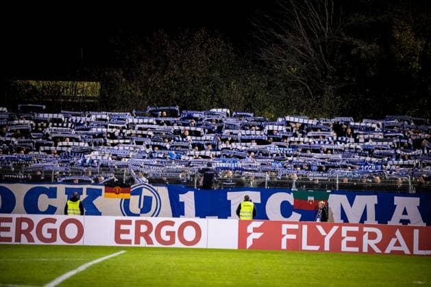 Football, Season 2025 2026, DFB Cup, Vöhlinstadion Illertissen, 2 round, FV Illertissen 1 FC Magdeburg, 29 10 2025 29 10 2025, Football, Season 2025 2026, DFB Cup, Vöhlinstadion Illertissen, 2 round, FV Illertissen 1 FC Magdeburg, Fans Fanblock Gästeblock Fans FC Magdeburg Photo Lucca Fundel Illertissen Vöhlinstadion Bayern Germany