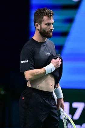 TENNIS : Rolex Paris Masters - Paris - 29 10 2025 Corentin MOUTET ( France ) looks dejected during the Rolex Paris Masters at Paris La Defense Arena on October 29, 2025 in Nanterre, France. (Photo by Federico Pestellini PSNewz ) ParisFrance  Copyright: xFedericoxPestellinix