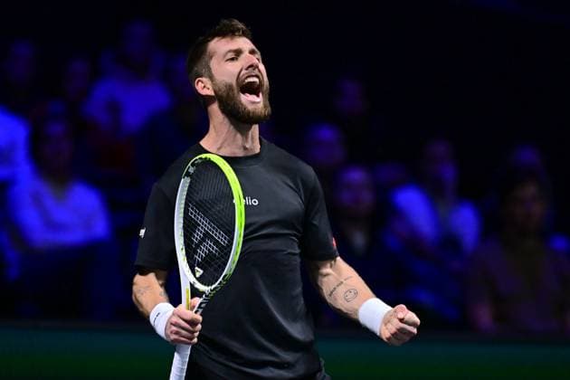 TENNIS : Rolex Paris Masters - Paris - 29 10 2025 Corentin MOUTET ( France ) celebrates during the Rolex Paris Masters at Paris La Defense Arena on October 29, 2025 in Nanterre, France. (Photo by Federico Pestellini PSNewz ) ParisFrance  Copyright: xFedericoxPestellinix