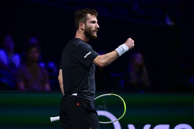 TENNIS : Rolex Paris Masters - Paris - 29 10 2025 Corentin MOUTET ( France ) celebrates during the Rolex Paris Masters at Paris La Defense Arena on October 29, 2025 in Nanterre, France. (Photo by Federico Pestellini PSNewz ) ParisFrance  Copyright: xFedericoxPestellinix