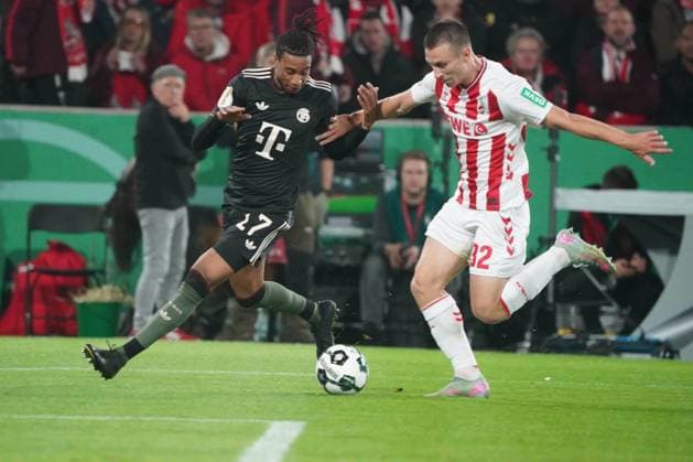 Fußball, DFB Pokal saison 2025 2026 1 FC Köln vs FC Michael Olise FC Bayern München, Kristoffer Lund Hansen FC Köln copyright Gladys Chai von der Laage DFB regulations prohibit any use of photographs as image sequences and or quasi video