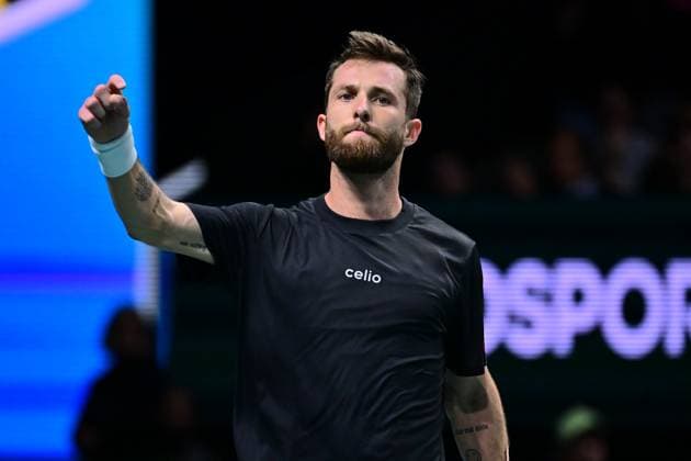TENNIS : Rolex Paris Masters - Paris - 29 10 2025 Corentin MOUTET ( France ) celebrates during the Rolex Paris Masters at Paris La Defense Arena on October 29, 2025 in Nanterre, France. (Photo by Federico Pestellini PSNewz ) ParisFrance  Copyright: xFedericoxPestellinix