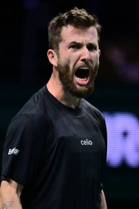 TENNIS : Rolex Paris Masters - Paris - 29 10 2025 Corentin MOUTET ( France ) celebrates during the Rolex Paris Masters at Paris La Defense Arena on October 29, 2025 in Nanterre, France. (Photo by Federico Pestellini PSNewz ) ParisFrance  Copyright: xFedericoxPestellinix