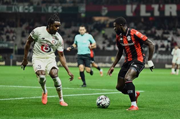 FOOTBALL : OGC Nice vs LOSC Lille - ligue 1 - 29 10 25 Lille s defender 3 Nathan Ngoy and =during the French L1 2025-2026 season football match between OGC Nice and LOSC Lille at Louis II stadium of Monaco, south France, on October 29, 2025. NICEFrance  Copyright: xfredxDIDES psnewzx