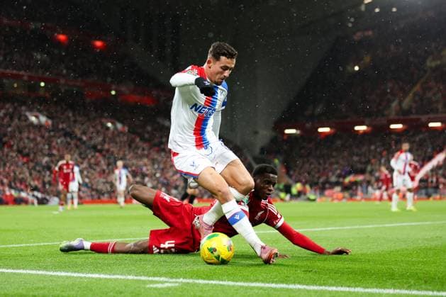 Liverpool, England, 29th October 2025. Yeremy Pino of Crystal Palace is challenged by Trey Nyoni of Liverpool during the Liverpool vs Crystal Palace Carabao Cup match at Anfield, Liverpool. Picture credit should read: Jessica Hornby Sportimage EDITORIAL USE ONLY. No use with unauthorised audio, video, data, fixture lists, club league logos or live services. Online in-match use limited to 120 images, no video emulation. No use in betting, games or single club league player publications. SPI_066_JH_Liverpool_Crystal_Palace SPI-4246-0066