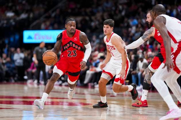 October 29, 2025, Toronto, On, Canada: Toronto Raptors guard Jamal Shead (23) dribbles the ball during the second half of preseason NBA, Basketball Herren, USA basketball action in Toronto, Wednesday, Oct. 29, 2025. Jamal Shead, Reed Sheppard - ZUMAc35_ 20251029_zaf_c35_167 Copyright: xThomasxSkrljx