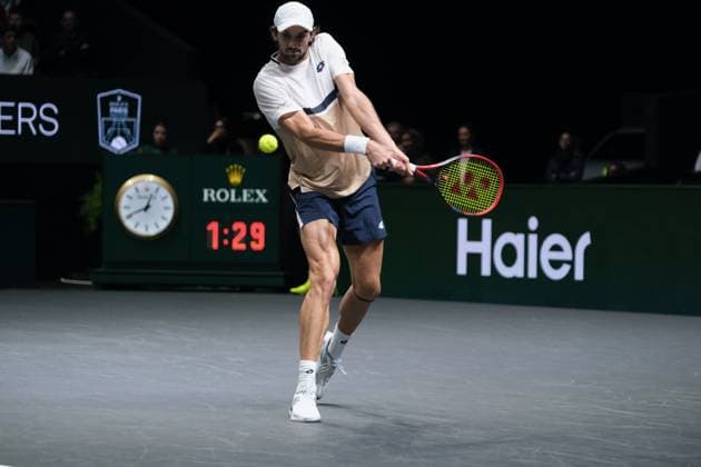 October 30, 2025, Nanterre, Hauts De Seine, France: VALENTIN VACHEROT (MON) returns the ball to CAMERON NORRIE (GBR) during the round of 16 of Rolex Paris Masters 1000 tournament at La Defense Arena Stadium - Nanterre - France..Vacherot won 7:6 6:4 Nanterre France - ZUMAp119 20251030_zaf_p119_006 Copyright: xPierrexSteveninx