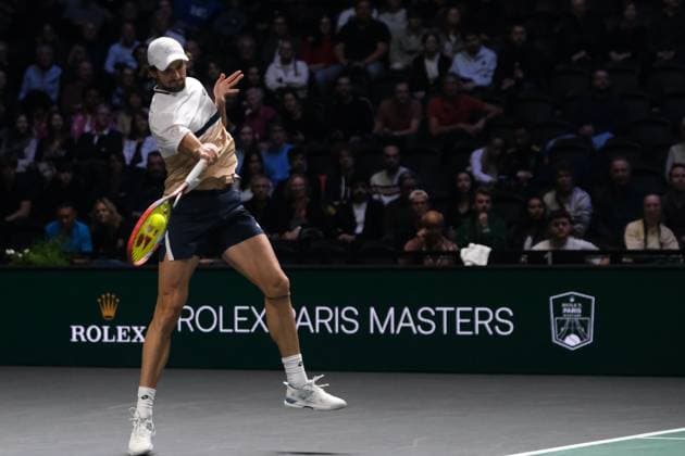 October 30, 2025, Nanterre, Hauts De Seine, France: VALENTIN VACHEROT (MON) returns the ball to CAMERON NORRIE (GBR) during the round of 16 of Rolex Paris Masters 1000 tournament at La Defense Arena Stadium - Nanterre - France..Vacherot won 7:6 6:4 Nanterre France - ZUMAp119 20251030_zaf_p119_009 Copyright: xPierrexSteveninx