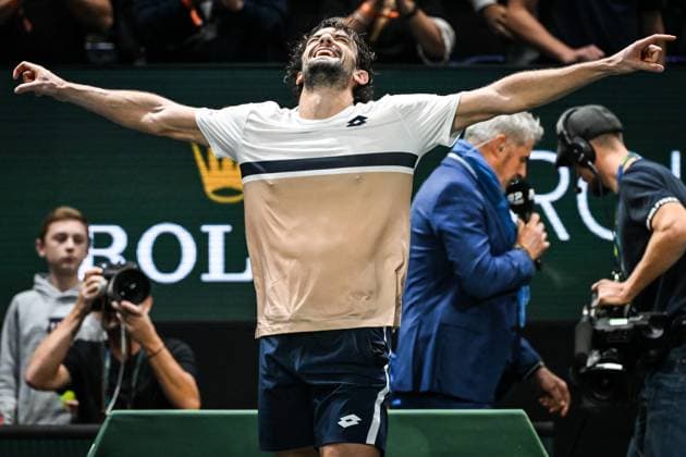 October 30, 2025, Nanterre, France, France: Valentin VACHEROT of Monaco celebrates his victory during the fourth day of the Rolex Paris Masters 1000 tennis tournament at Accor Arena on October 30, 2025 in Nanterre near Paris, France. Nanterre France - ZUMAm308 20251030_zsp_m308_019 Copyright: xMatthieuxMirvillex