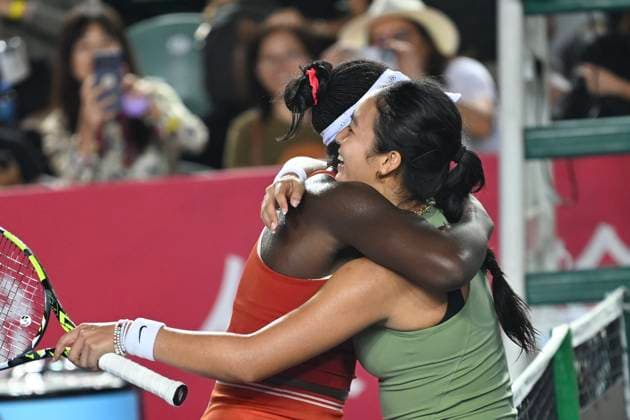 Hong Kong Tennis Open - Day 6 Filipino tennis player Alexandra Eala and Canadian tennis player Victoria Mboko during a match at the Hong Kong Tennis Open on October 30, 2025 in Hong Kong. (Photo by Kobe Li Nexpher Images) Hong Kong