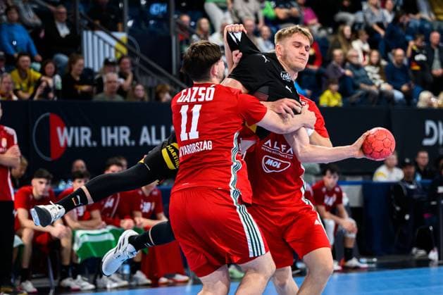 Nuremberg handball international U20 Germany Hungary from left in duel Peter Gazso Hungary and Leonard Zink Germany Nuremberg PSD Bank Arena Bayern Germany