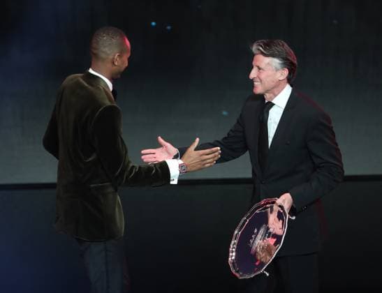 IAAF Athletics Awards 2017 MONACO, MONACO - NOVEMBER 24: Mutaz Essa Barshim of Qatar (L) receives trophy as from Male Athlete of the Year from IAAF President Sebastian Coe (R) during the IAAF Athletics Awards 2017 ceremony in Monaco, on November 24, 2017. Monaco World. Editorial use only. Please get in touch for any other usage.  Copyright: x2025xAnadoluxMustafaxYalcÄ±nx