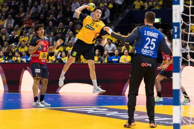 251030 Javier Rodriguez Moreno of Spain and Nikola Roganovic of Sweden during the international friendly handball match between Sweden and Spain on October 30, 2025 in Linköping Photo Magnus Andersson BILDBYRAN COP 308 MN0202 handball handball handball international friendly sverige sweden spain bbeng bbauto  Copyright: MAGNUSxANDERSSON BB251030MN022