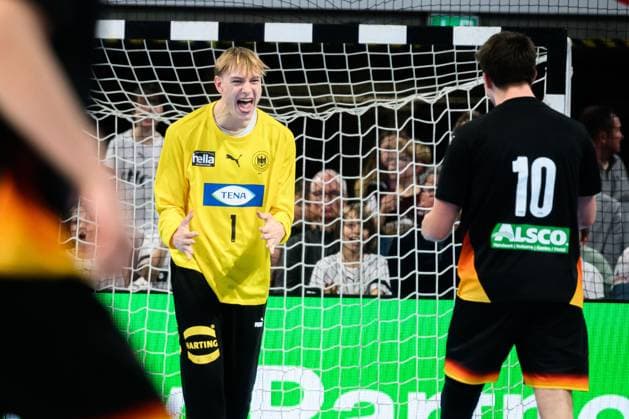 Nuremberg handball international U20 Germany Hungary goalkeeper Linus Borreck Germany , Rasmus Ankermann Germany jubilation joy emotion Nuremberg PSD Bank Arena Bayern Germany