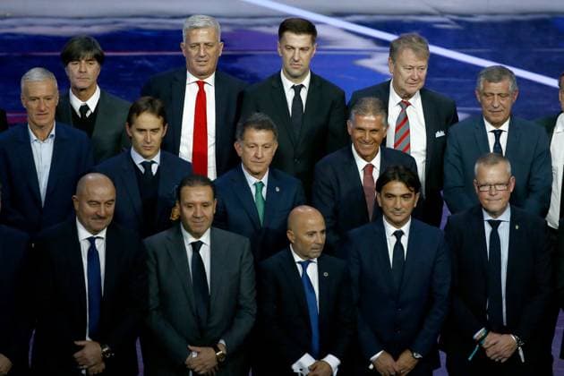 2018 FIFA World Cup, WM, Weltmeisterschaft, Fussball Russia™ Final Draw MOSCOW, RUSSIA - DECEMBER 01: Head coaches Didier Deschamps of France, Joachim Low of Germany, Vladimir Petkovic of Switzerland, Mladen Krstaljic of Serbia, Age Hareide of Denmark and Fernando Santos of Portugal (back L-R), Stanislav Cherchesov of Russia, Nabil Maaloul of Tunisia, Juan Carlos Osorio of Spain, Jorge Sampaoli of Argentina (L-R front) are seen after the 2018 FIFA World Cup Russia Final Draw in the State Kremlin Palace in Moscow, Russia on December 01,2017. Moskova Rusya. Editorial use only. Please get in touch for any other usage.  Copyright: x2025xAnadoluxSefaxKaracanx
