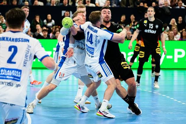 Nuremberg handball international Germany Iceland v left in duel Iceland Omar Ingi Magnusson Iceland and Jannik Kohlbacher Germany Nuremberg PSD Bank Arena Bayern Germany