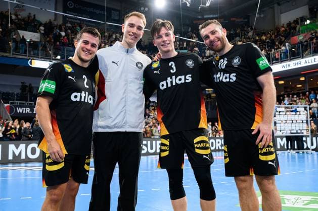 Nuremberg Handball Laenderspiel Germany Iceland from left Tim Freihöfer Freihoefer Germany , Goalkeeper Lasse Ludwig Germany , Nils Lichtlein Germany , Lukas Mertens Germany Nuremberg PSD Bank Arena Bayern Germany