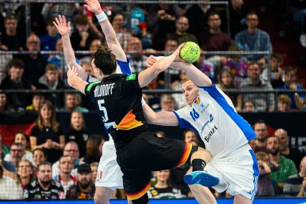 Nuremberg handball international Germany Iceland v li in duel Miro Schluroff Germany and Icelands Ellidi Snaer Vidarsson Iceland Nuremberg PSD Bank Arena Bayern Germany