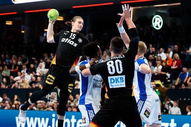 Nuremberg Handball Laenderspiel Germany Iceland Juri Knorr Germany , Jannik Kohlbacher Germany Nuremberg PSD Bank Arena Bayern Germany