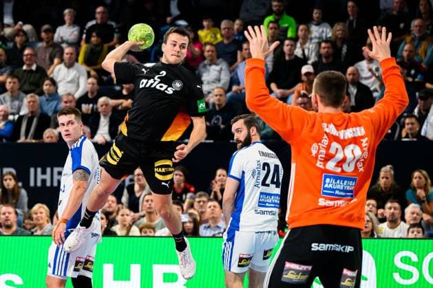Nuremberg Handball Laenderspiel Germany Iceland Tim Freihöfer Freihoefer Germany , Icelands Torhueter Agust Bjoergvinsson Iceland Nuremberg PSD Bank Arena Bayern Germany