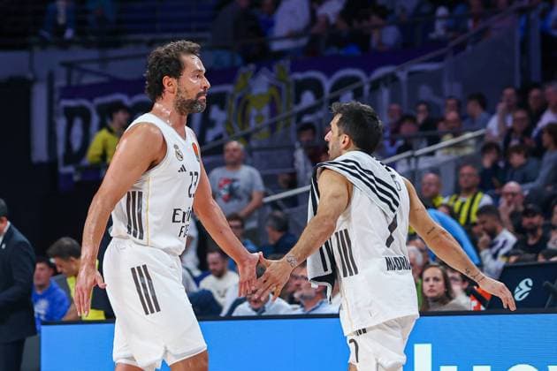 30th October 2025; Movistar Arena; Madrid, Spain; Turkish Airlines Euroleague Basketball; Spain, Real Madrid vs Fenerbahce Beko Istanbul; Sergio Llull (Real Madrid) and Facundo Campazzo (Real Madrid) Euroleague Basketball Real Madrid vs Fenerbahce 900 Cordon Press  900 CordonxPress LOF - Euroleague Basketball Real Madrid vs Fenerbahce