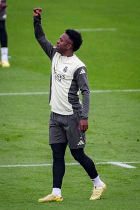 Real Madrid Training Session Vinicius Junior of Real Madrid is seen celebrating during the Training Session ahead of their LaLiga EA Sports match against Valencia CF at Ciudad Real Madrid on October 31, 2025 in Madrid, Spain. Valdebebas Ciudad Real Madrid Madrid Spain Copyright: xAlbertoxGardinx AGardin_20251031_Foot_Liga_ReaMad_PC_0254